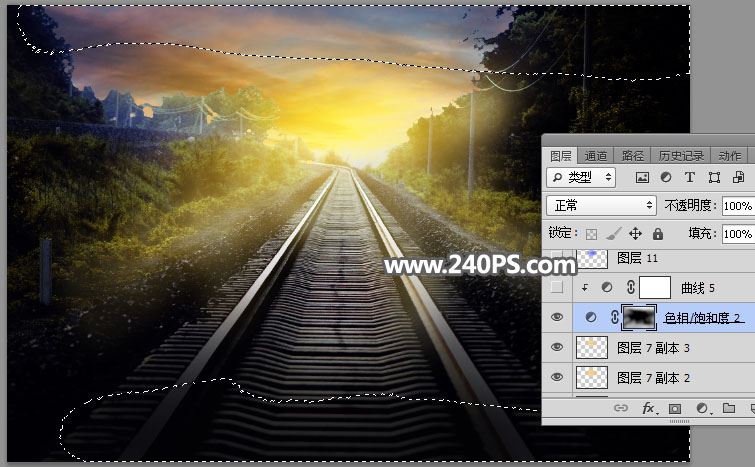 ps把白天铁轨风景图调成日出晨曦的效果教程