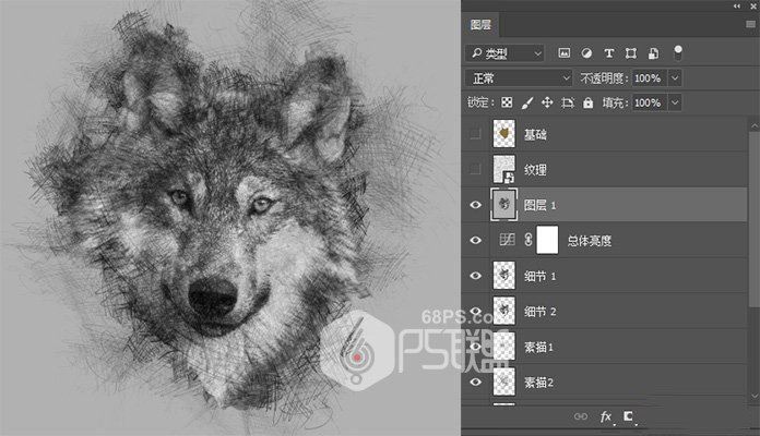 ps手工绘制一张铅笔画效果的狼头照片教程