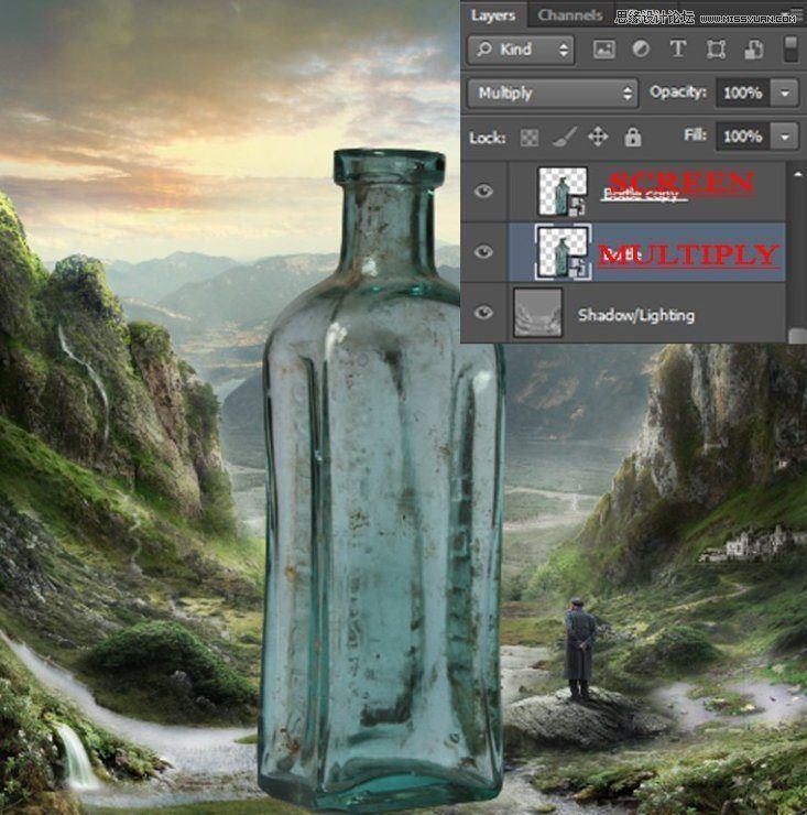 Photoshop创意合成山谷中爬满藤蔓的星空瓶子教程
