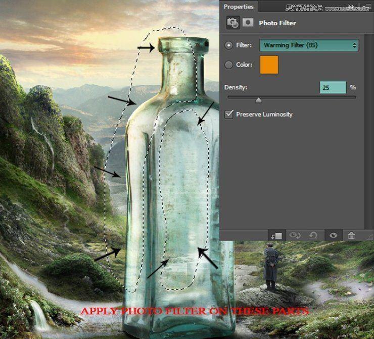 Photoshop创意合成山谷中爬满藤蔓的星空瓶子教程