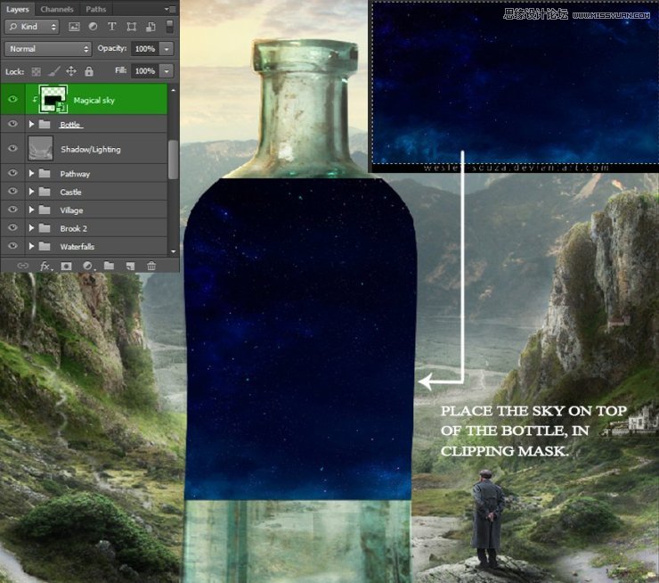 Photoshop创意合成山谷中爬满藤蔓的星空瓶子教程