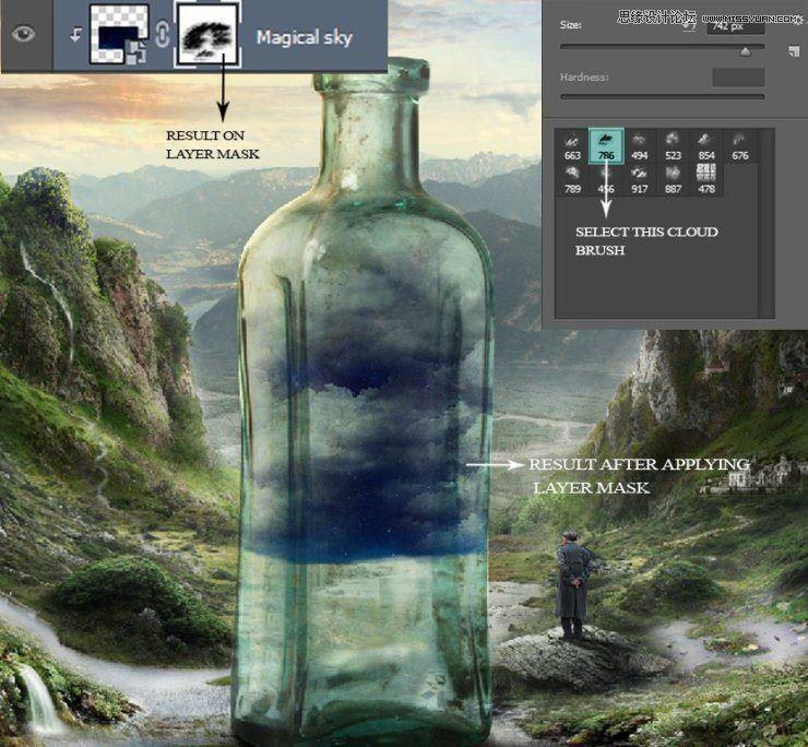 Photoshop创意合成山谷中爬满藤蔓的星空瓶子教程