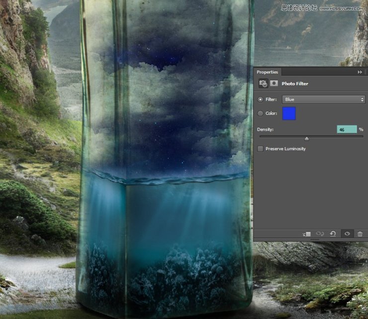 Photoshop创意合成山谷中爬满藤蔓的星空瓶子教程