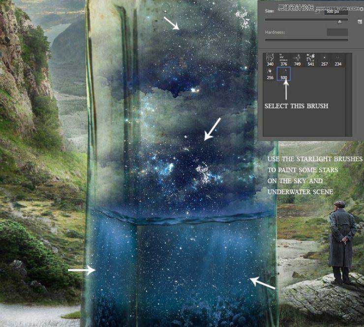 Photoshop创意合成山谷中爬满藤蔓的星空瓶子教程
