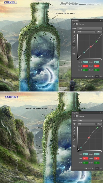 Photoshop创意合成山谷中爬满藤蔓的星空瓶子教程