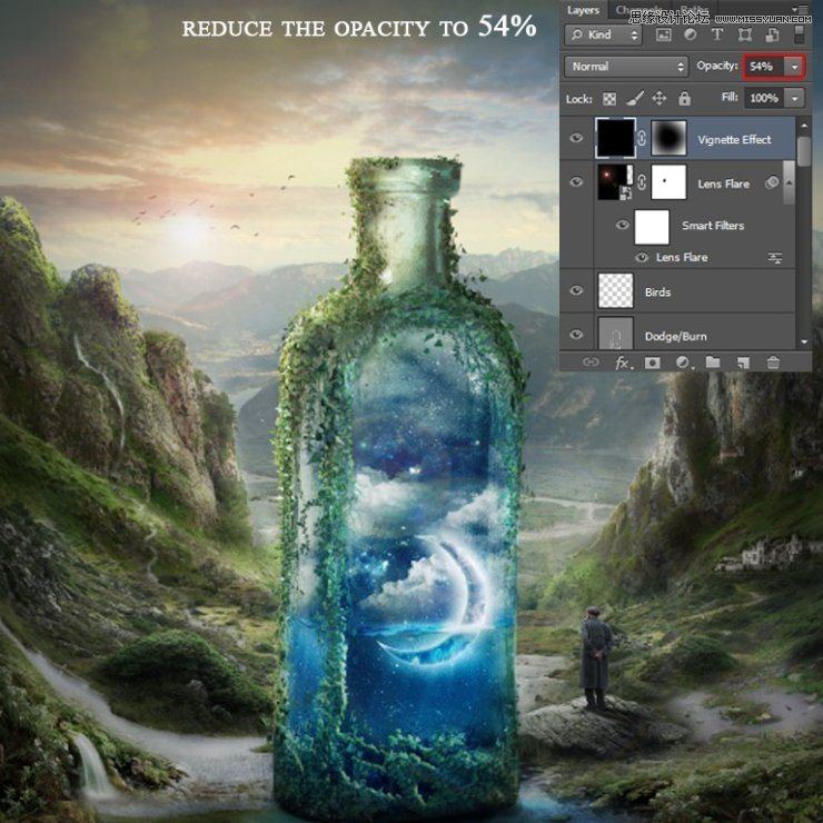 Photoshop创意合成山谷中爬满藤蔓的星空瓶子教程