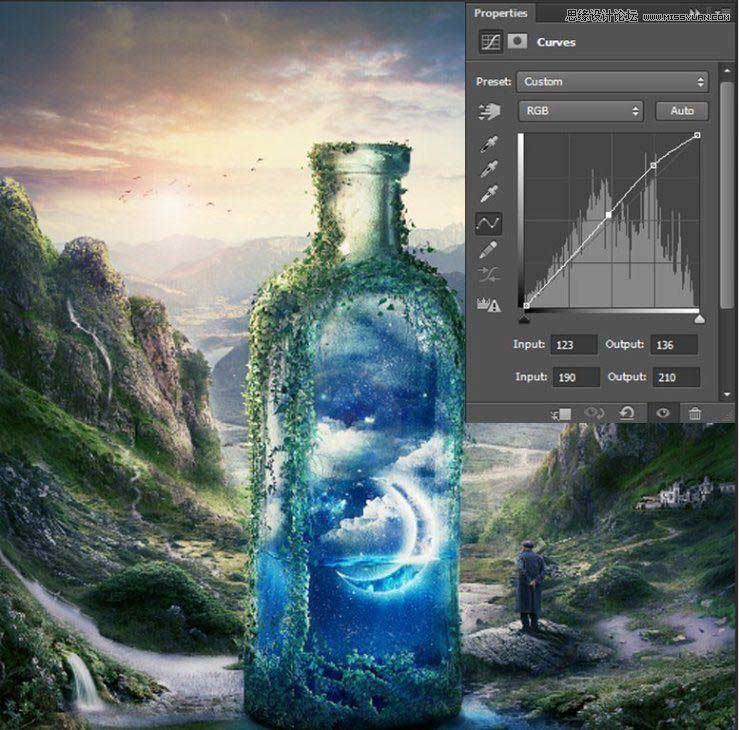 Photoshop创意合成山谷中爬满藤蔓的星空瓶子教程