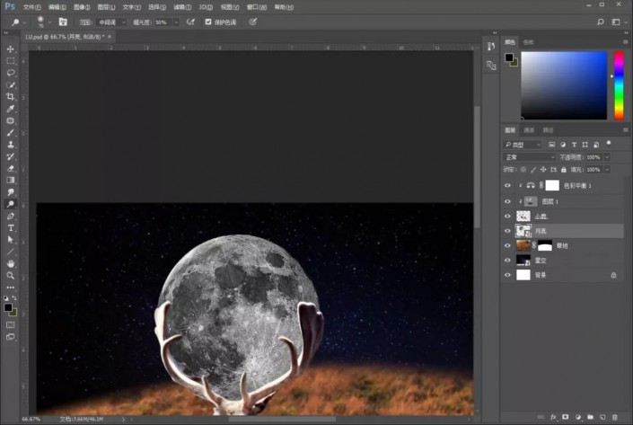 小鹿创意场景合成教程-用ps合成月光下的小鹿创意图片教程