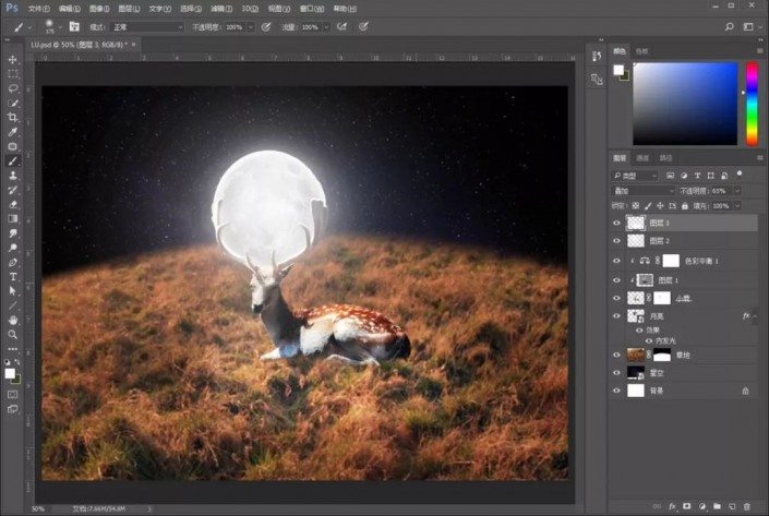 小鹿创意场景合成教程-用ps合成月光下的小鹿创意图片教程