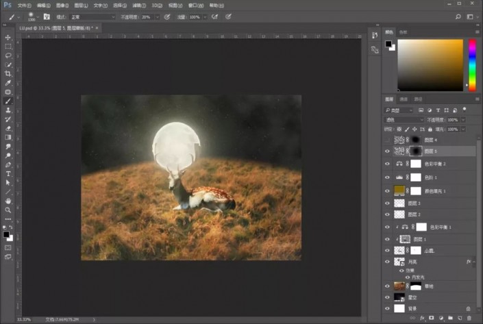 小鹿创意场景合成教程-用ps合成月光下的小鹿创意图片教程