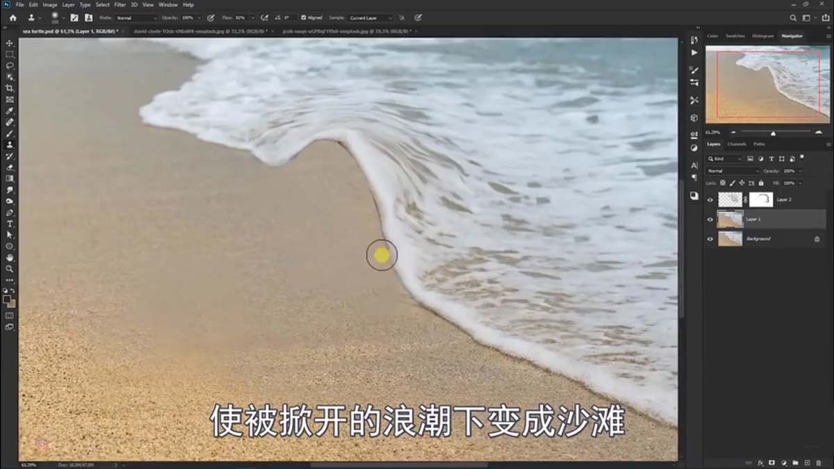 PS合成创意海边背着花的海龟和被掀起的海浪场景