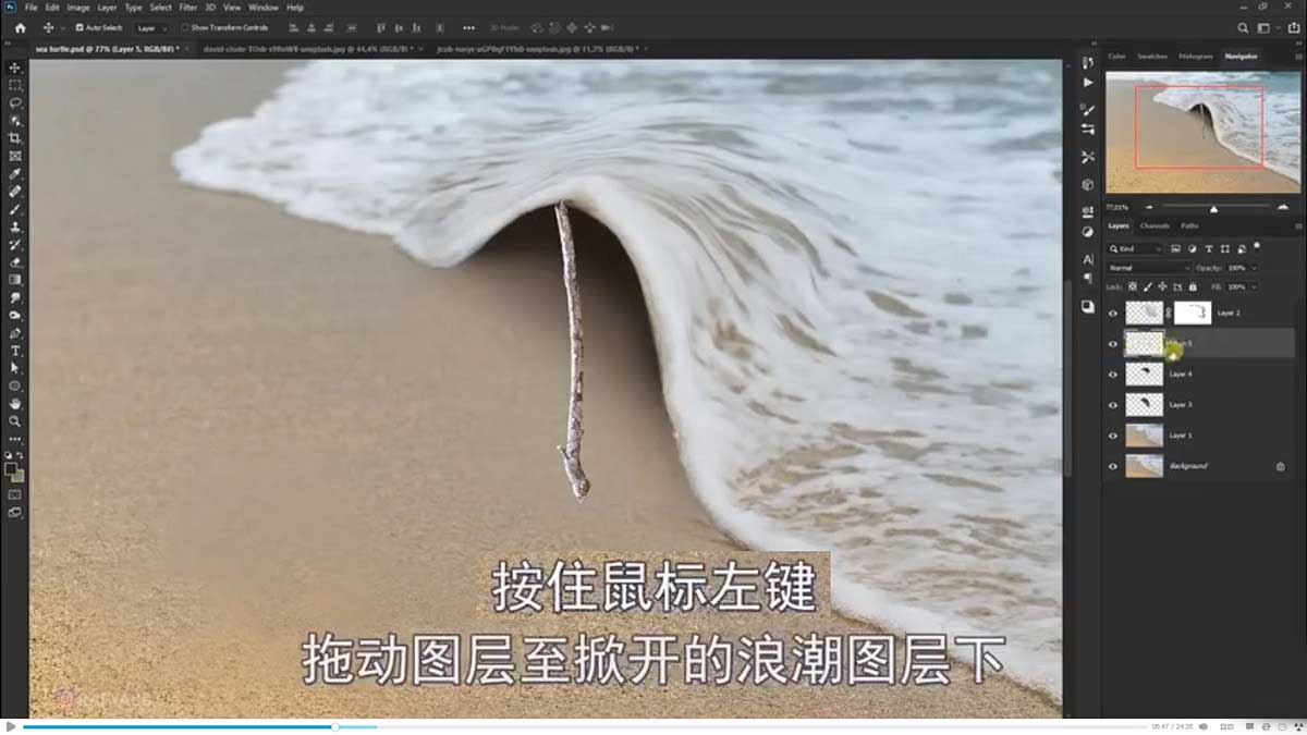 PS合成创意海边背着花的海龟和被掀起的海浪场景