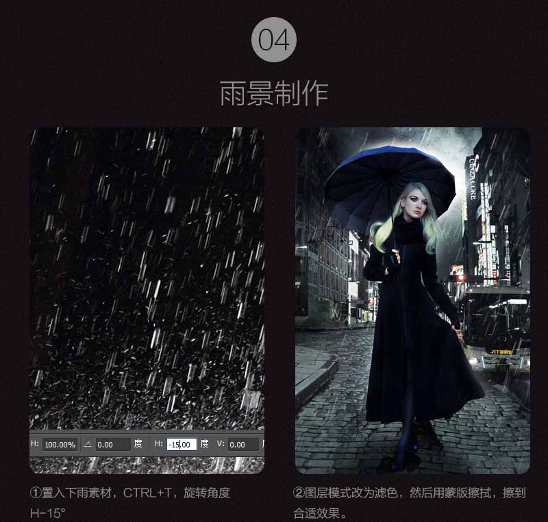 教你如何用PS合成在雨夜中街道上走秀的美女教程