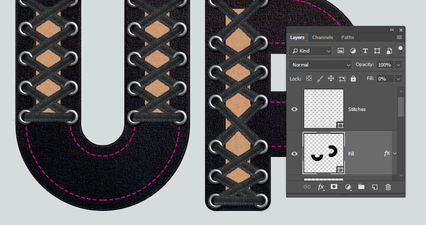 如何使用PS图层样式和滤镜鞋带花边文字效果教程